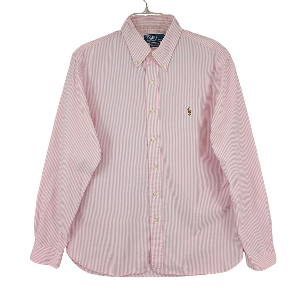 Polo Ralph Lauren Button Down Mens 16 Pink Striped Custom Fit Dress Shirt Prep
